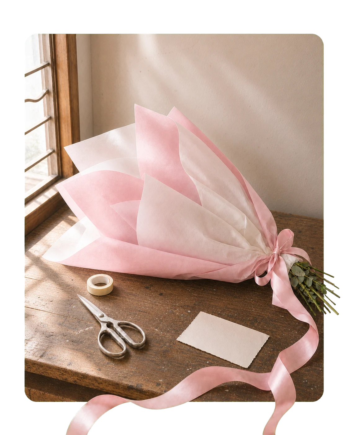 Florist wrapping paper, ribbon, scissors, and card on a Bangkok studio workbench